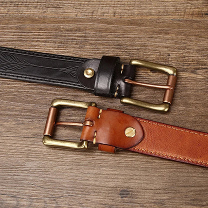 3.8CM Pure Cowhide Genuine Leather Retro Fashion Personality Embossed Belts for Men Luxury Brand Design Male Copper Buckle Belts