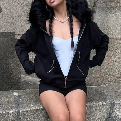 Goth Grey Faux Fur Collar Hooded Zip Up Hoodies Gothic Grunge Pockets Autumn Black Jackets Female Y2k Streetwear egirl Cardigans