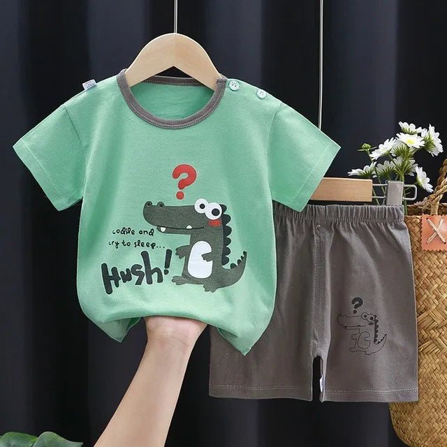 Dinosaur Printed Boys T-shirt + Shorts Casual Suit Summer Children's Clothes Loose Fashion Short Sleeved Cartoon Tracksuits 0-4Y
