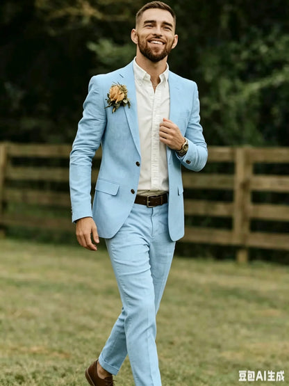 Blue/Beige Linen Wedding Suit for Men 2 Pieces Slim Fit Casual Prom Party Tuxedo Set Summer Men Clothes New Design Suits Outfits