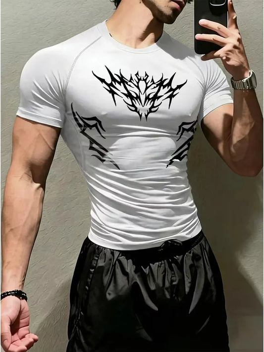 Men's sports tight short sleeved shirt with pink spider pattern print design, breathable, quick drying, sweat absorbing