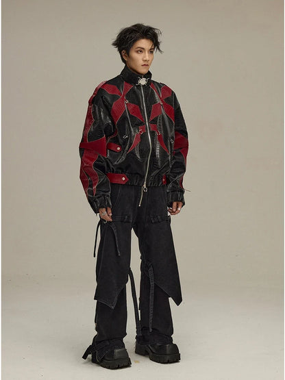 Spring Autumn Cool Handsome Crocodile Print Patchwork Pu Leather Jacket Men Color Block Luxury Designer Clothes 2024