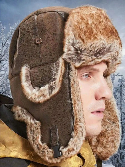 1 Piece Men Women Winter Ushanka Hats Russian Bomber Hat with Ear Flap Pu Leather Faux Fur Trapper Cap Snow Hunting Skiing Cap