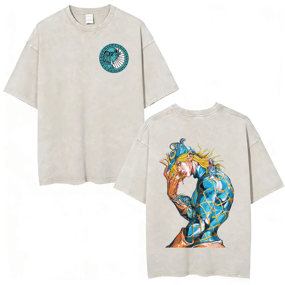 Anime Jojo Bizarre Adventure STEEL BALL RUN Manga Vintage Acid Washed T Shirt Men Women Casual Short Sleeves T-shirt Streetwear