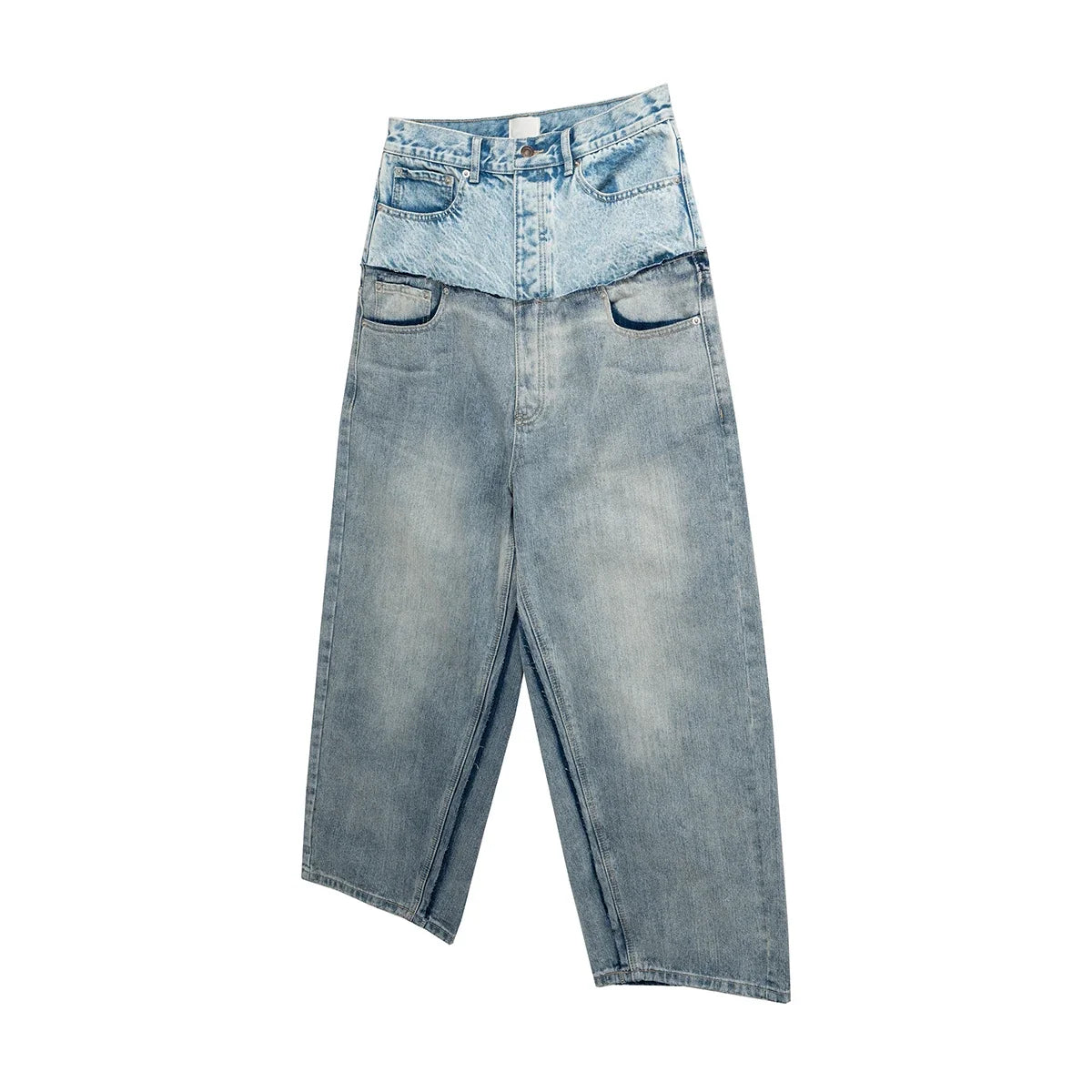 Double-layer Double Waist Patchwork Baggy Jeans for Men and Women Straight Casual Loose Denim Trousers Oversized
