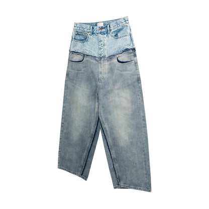 Double-layer Double Waist Patchwork Baggy Jeans for Men and Women Straight Casual Loose Denim Trousers Oversized