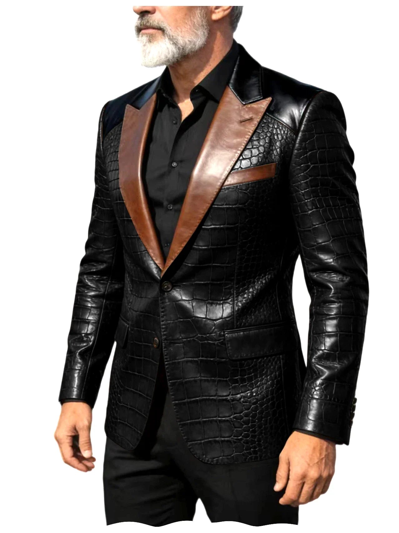 Men's Crocodile Embossed Leather Blazer Luxury Patchwork PU Leather Suit Jacket Slim Fit Peaked Lapel Casual Business Outerwear