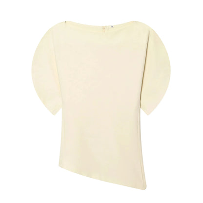 Women Casual Loose T-Shirts Asymmetrical Hem Blouse Short Puff Sleeve Shirt Elegant Woman Summer Party Vacation White Tops