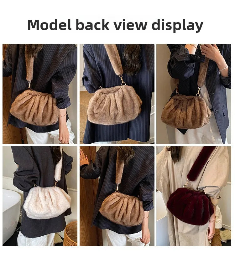 New Womens Shoulder Bag Fluffy Crossbody Bag Vintage Faux Fur Cloud Purse for Autumn Winter Commuting Simplified Storage Bags