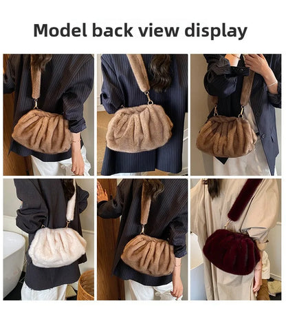 New Womens Shoulder Bag Fluffy Crossbody Bag Vintage Faux Fur Cloud Purse for Autumn Winter Commuting Simplified Storage Bags