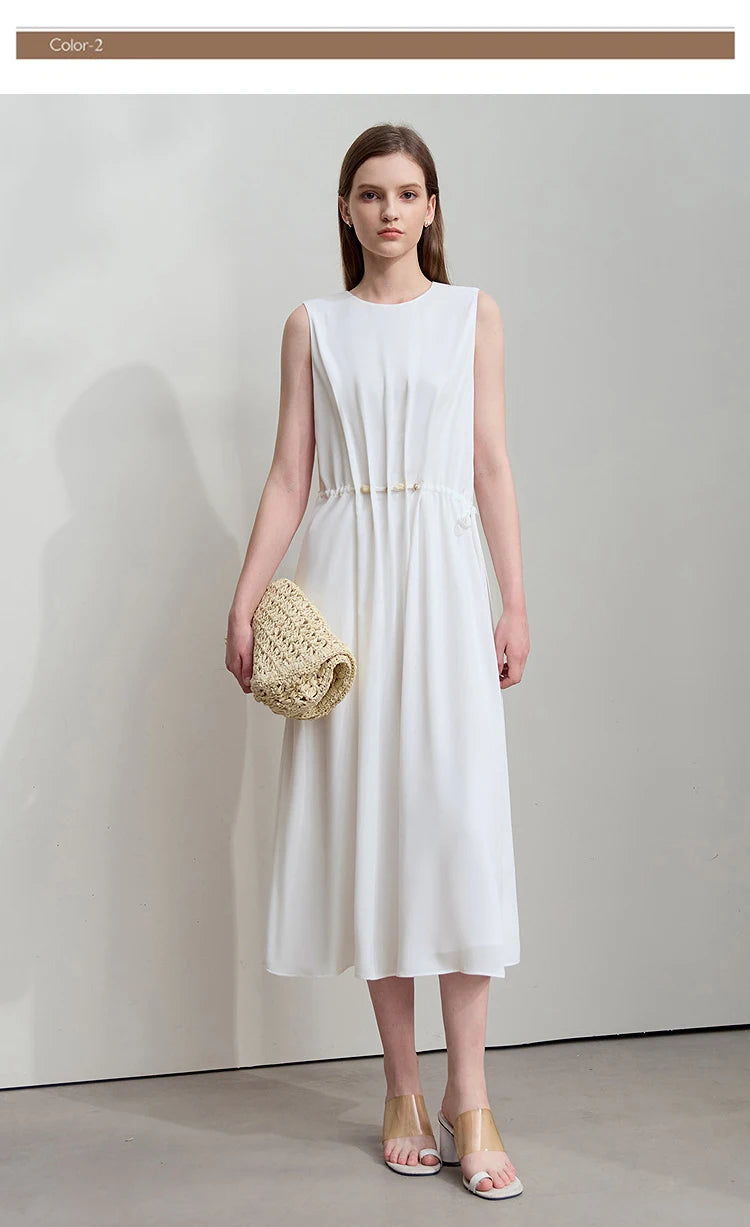 Minimalism Dresses 2025 Summer Vocation Women Loose Long Dresse Sleeveless High Waist Design Bead Drawstring Dress 12542177