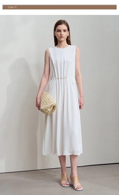 Minimalism Dresses 2025 Summer Vocation Women Loose Long Dresse Sleeveless High Waist Design Bead Drawstring Dress 12542177