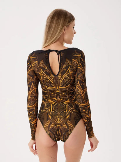 Women Long Sleeve Tattoo Swimsuit UV Protection Rash Guard SPF Sunblock Surfing Suit Diving Swimwear Beach Sportswear Bodysuits