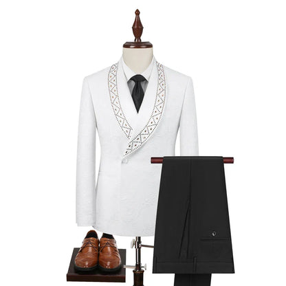 2025 High End Light Luxury Jacquard Hot Diamond Green Fruit Collar Wedding Suits for Men,Black/white Mens Evening Dress 2 Piece