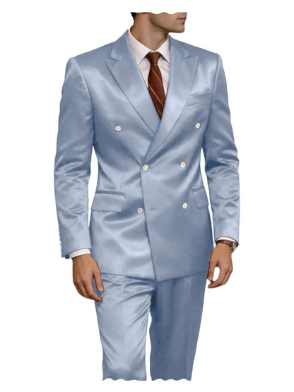 Luxury Men's Shiny Satin 2 Piece Suit Peak Lapel Double Breasted Jacket Pants Elegant Slim Fit Formal Tuxedo for Wedding Party