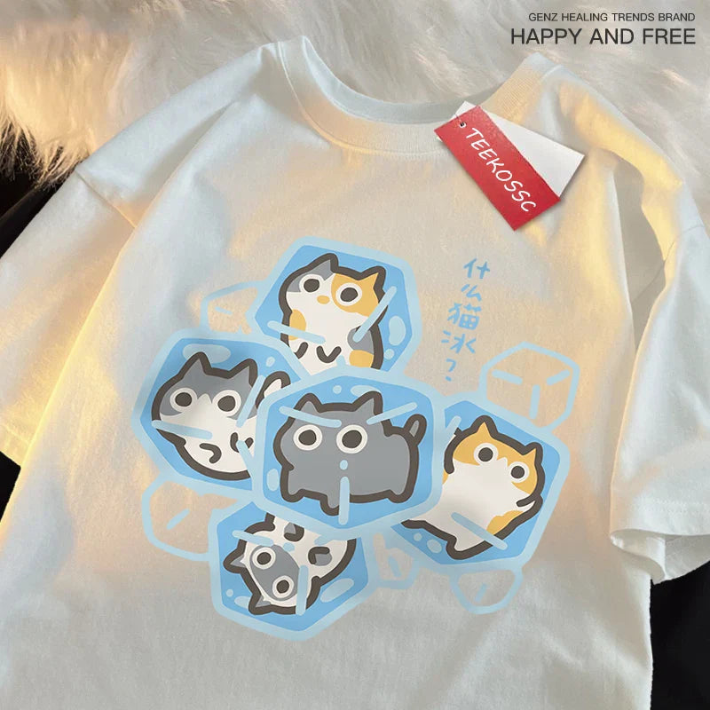 Ice Cat Fun Cartoons Cats Print Clothes Men Women Oversize Breathable T Shirt Summer Comfortable Casual T-Shirt Cotton Tee Shirt