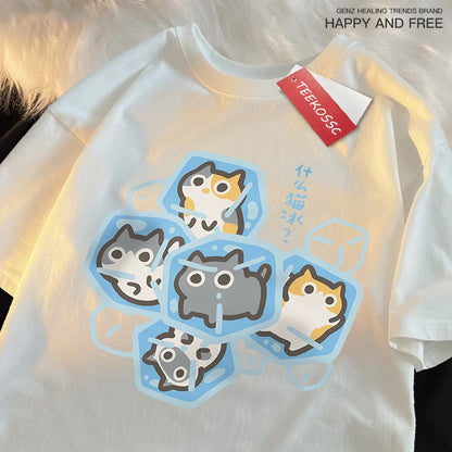 Ice Cat Fun Cartoons Cats Print Clothes Men Women Oversize Breathable T Shirt Summer Comfortable Casual T-Shirt Cotton Tee Shirt