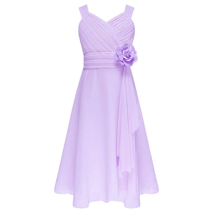 Summer Fashion Flower Girls Dress Wedding Birthday Party Kids Chiffon Dress Sleeveless Ruched Bodice Elegant Princess Dress