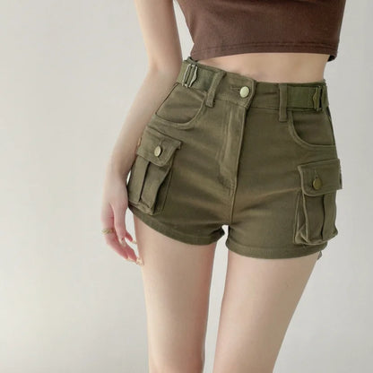 Women Military Green Denim Cargo Shorts Summer High Waisted Loose Wide Leg Y2K Hot Girl Casual Short Pants with Pockets