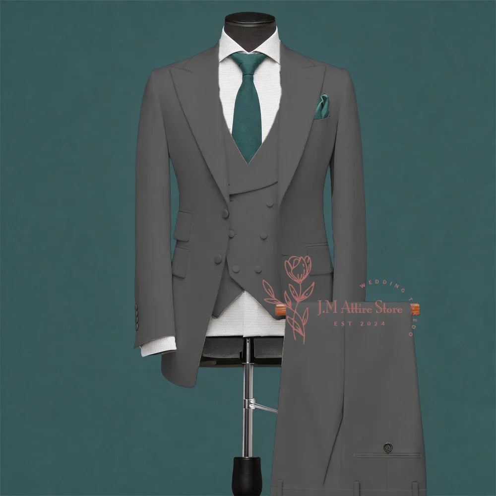Light Green Men’s Suit Slim Fit Peak Lapel Jacket Double Breasted Vest Pants Wedding Formal 3 Piece Party Set For Groomsmen