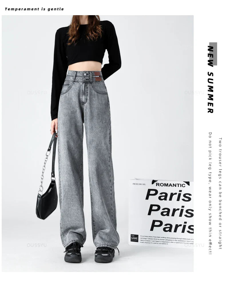Y2K Woman Jeans High Waist Wide Leg Cotton Denim Clothing Blue White Streetwear Vintage Fashion Harajuku Straight Pants