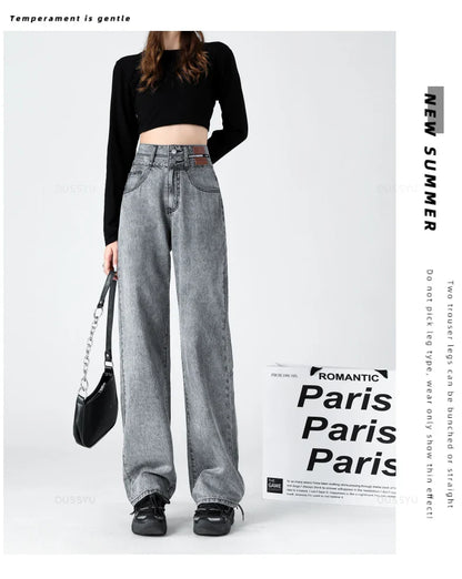 Y2K Woman Jeans High Waist Wide Leg Cotton Denim Clothing Blue White Streetwear Vintage Fashion Harajuku Straight Pants