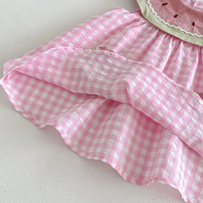 2026 New Summer Sweet Style Kids Dress Pink Watermelon Plaid Dress for Girls Sleeveless Lightweight Children Clothes