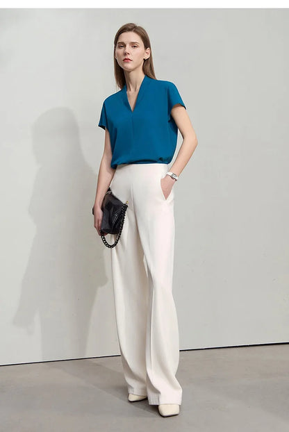 Minimalism 2026 Summer Women's T-shirt Classic Style Casual V-neck Short Sleeve Solid Stretch Female Tops & Tees 12612011