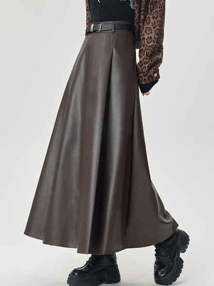 Vintage PU leather women midi skirts Y2K Autumn high waist Streetwear with belt pleated Skirt female elegant Solid A line skirts