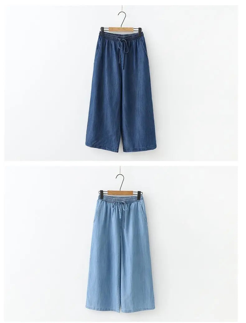 Women's Pants Summer Drawstring Wide-leg Pants Cotton Blue Calf-Length Jeans Pants Mom Elastic Waist Straight Pants Women