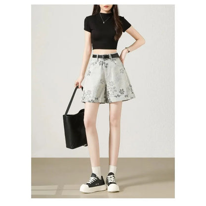 High Waist Floral Print Denim Shorts Women Roll Hem A Line Wide Leg Four Point Pants Summer