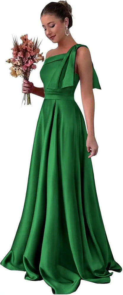 One Shoulder Large Bow Bridesmaid Dress with Pleated Satin and Pockets Simple ,Stylish Ball Dressadies' Guest One Shoulder Dress