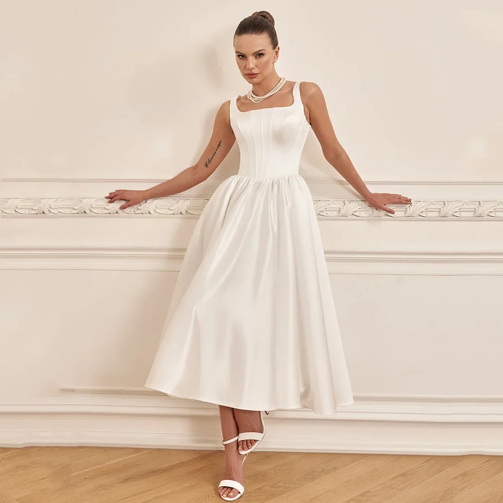 Sexy Satin Wedding Dress Sleeveless Square Neck Pocket Bridal Gown Tea Length Simple Corset Bride Dresses Backless Custom Color