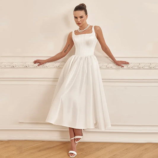 Sexy Satin Wedding Dress Sleeveless Square Neck Pocket Bridal Gown Tea Length Simple Corset Bride Dresses Backless Custom Color