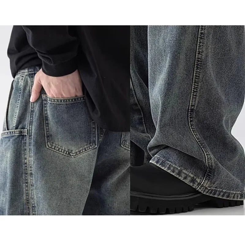 Korean Style Large Pocket Workwear Jeans Retro Blue Men'S Baggy Jeans Straight Leg Pants Casual Wide Leg Pants Casual Pants
