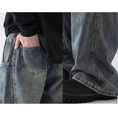Korean Style Large Pocket Workwear Jeans Retro Blue Men'S Baggy Jeans Straight Leg Pants Casual Wide Leg Pants Casual Pants
