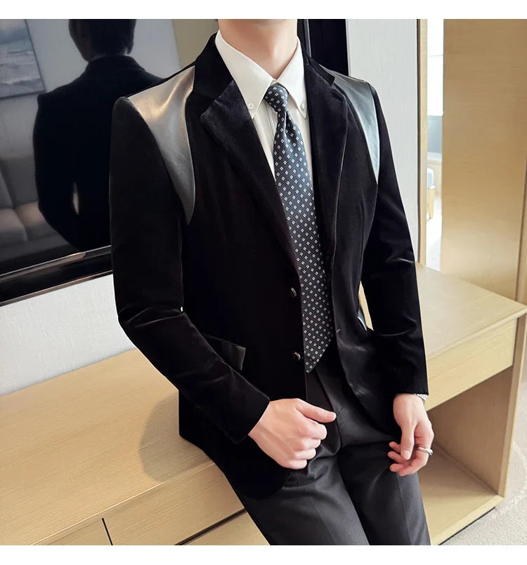 Autumn Winter New Men Mercerized Velvet Slim Fit Suit Coats Fashion Leather Splicing Casual Business Formal Party Tailcoat 4XL-M