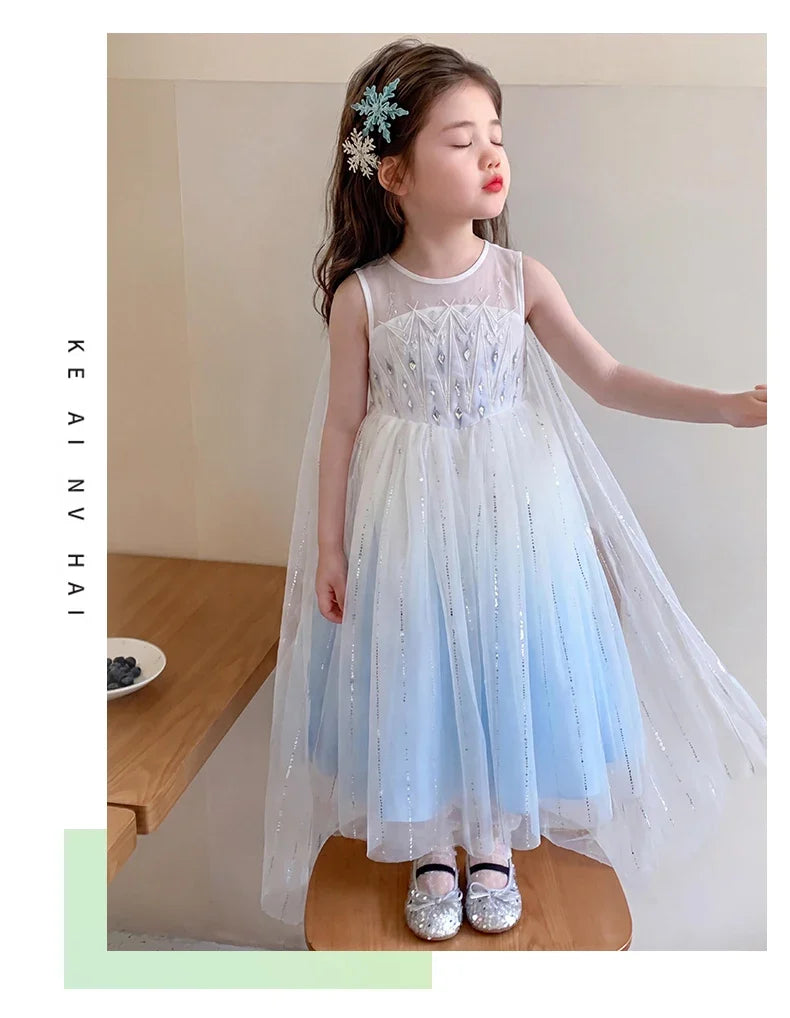 Elsa Princess Dress w/ Cape 2026 New Summer Frozen Cosplay Dresses for Little Girls Birthday Party Sleeveless Mesh Evening Dress