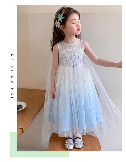Elsa Princess Dress w/ Cape 2026 New Summer Frozen Cosplay Dresses for Little Girls Birthday Party Sleeveless Mesh Evening Dress