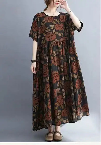 Robe Plus Size 100KG Summer Dress Women Floral Loose Vestidos Para Mujer Casual Maxi Print Cotton Linen Oversized BOHO
