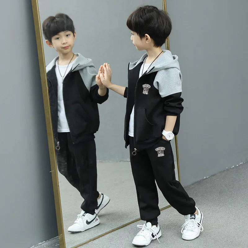 SpringAutumn Boys Contrast Zip Sweatshirt Jacket+Sweatpant Workout Set School Kids 2PCS Tracksuit Children Jogging Outfit 4-11Yr