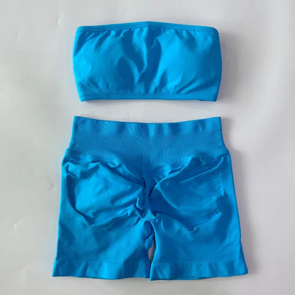 No Logo Women 2 Pieces Yoga Set Backless Bandeau Sports Bra Scrunch Shorts Yoga Clothing Gym Set Workout Clothes Outfits Sets
