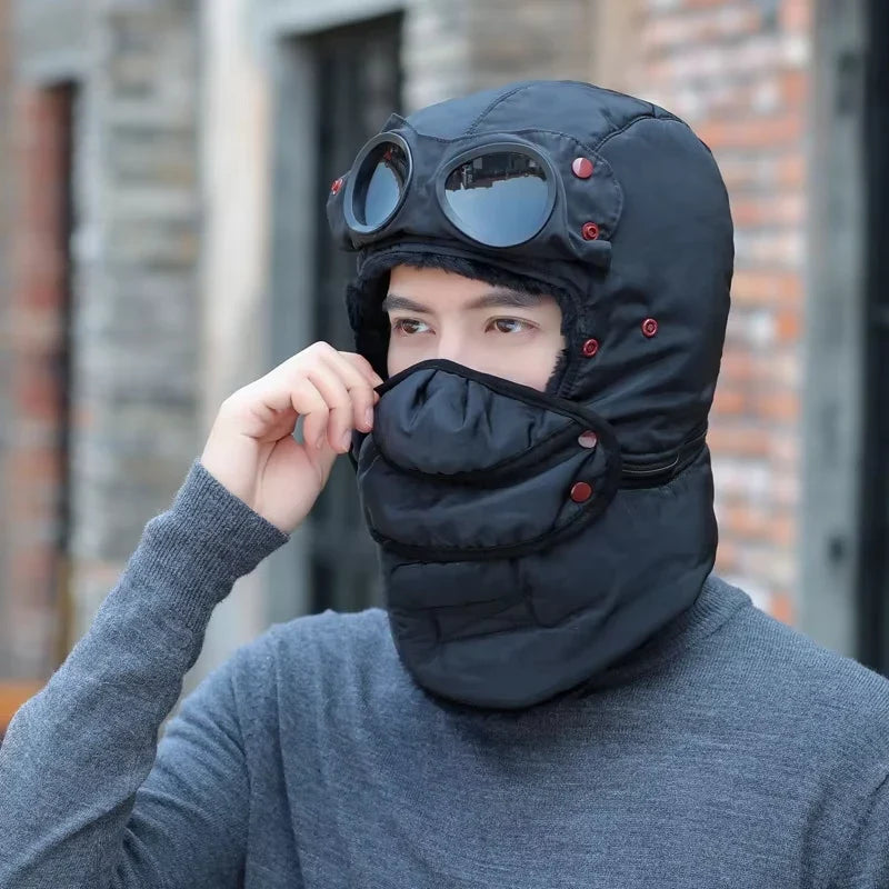 2026 Winter Bomber Hat Adult Kids Windproof Hood Pilot Hats with Mask Glasses Warm Earflap Cap Russian Ushanka Caps Balaclava