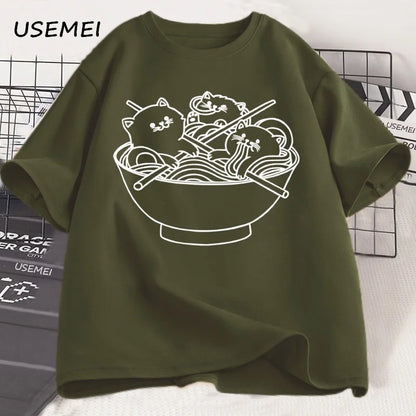 Japanese Style Cat Ramen T-Shirt Cotton Short Sleeve Kawaii Anime Tshirt Ramen Kitten Graphic Tees Cute Food Tee Shirt Clothes