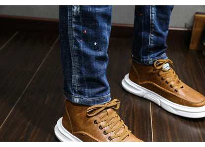 Fashion Designer Men Jeans Retro Blue Stretch Slim Fit Painted Ripped Jeans Men Korean Style Vintage Casual Denim Pants Hombre