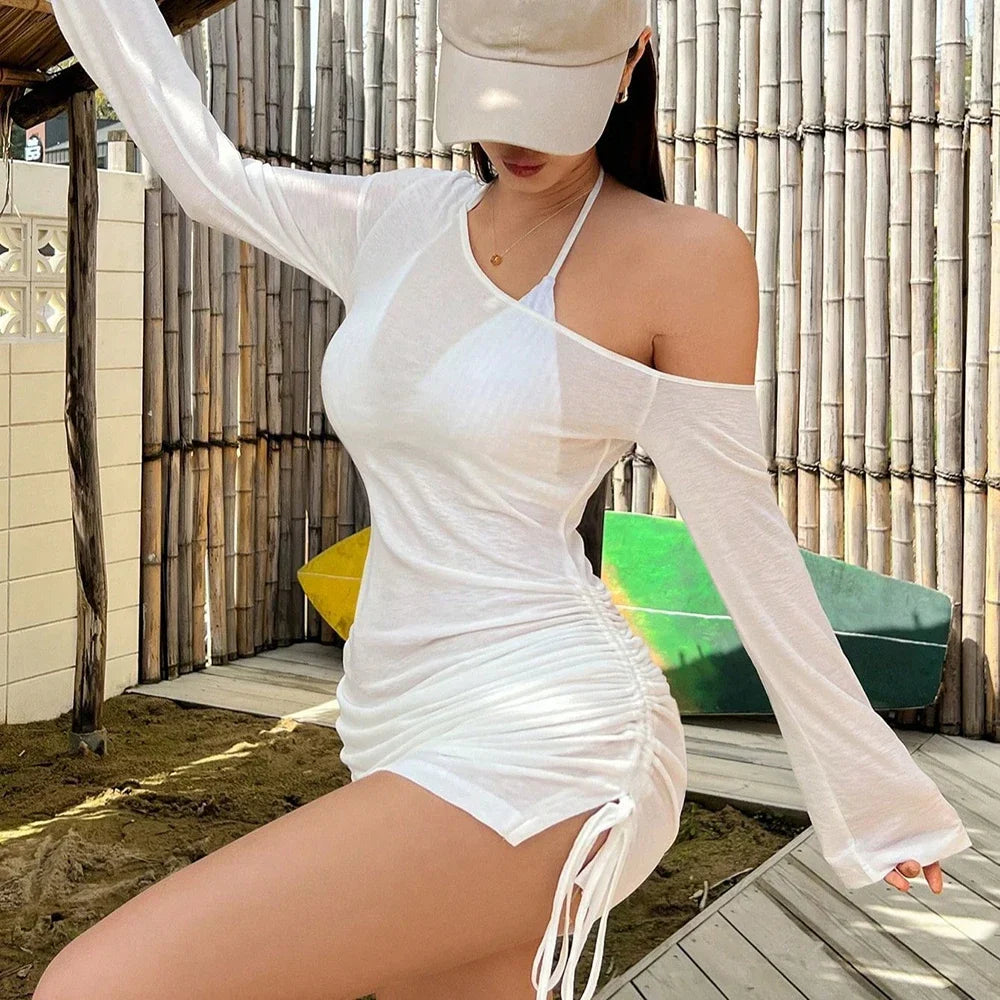 Sheer Swimsuit Coverup for Women Bathing Suit Cover Up Swimwear Drawstring Beach Bikini Dress Shirt for Poolside Seaside Party