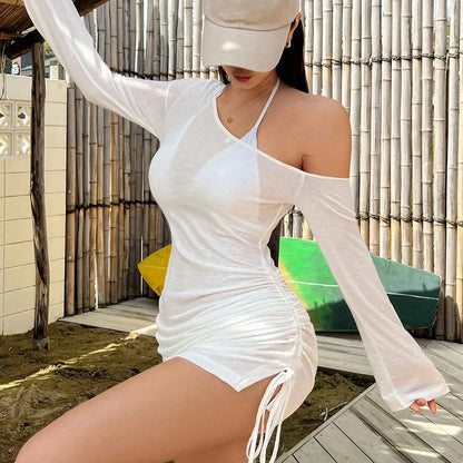 Sheer Swimsuit Coverup for Women Bathing Suit Cover Up Swimwear Drawstring Beach Bikini Dress Shirt for Poolside Seaside Party