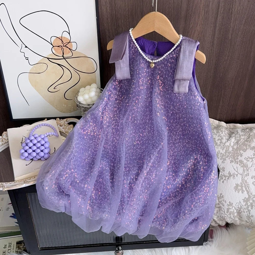 Summer New Girls' Sequined Lace Bow Bubble Princess Dress Korean Version Fashionable Solid Color Kids Clothes 2-7 Years Old