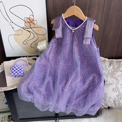 Summer New Girls' Sequined Lace Bow Bubble Princess Dress Korean Version Fashionable Solid Color Kids Clothes 2-7 Years Old