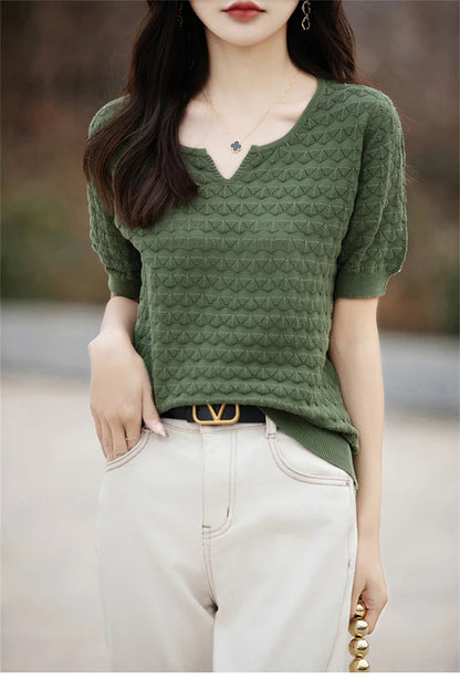 Women's T-shirt Summer New 100% Pure Cotton Tees Casual Solid Knitted Short sleeved V-neck Pullover Loose Tops Fashion Sweater